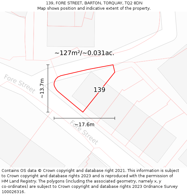139, FORE STREET, BARTON, TORQUAY, TQ2 8DN: Plot and title map