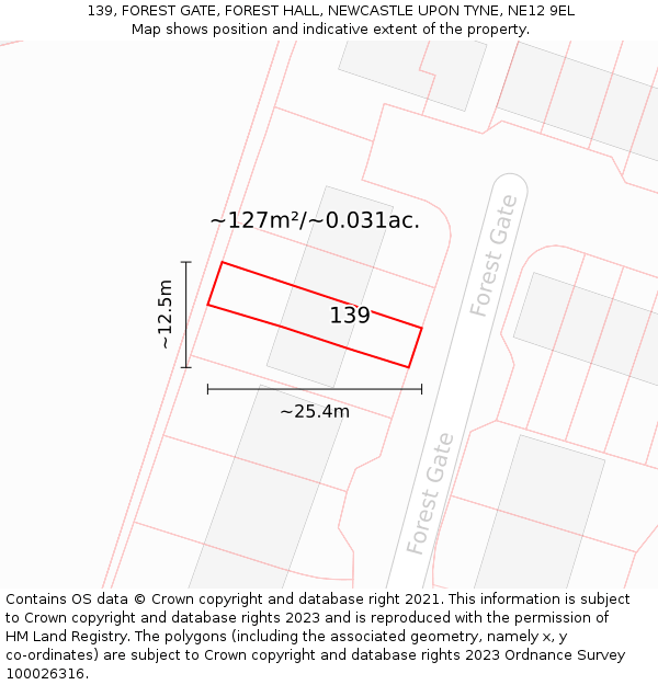 139, FOREST GATE, FOREST HALL, NEWCASTLE UPON TYNE, NE12 9EL: Plot and title map