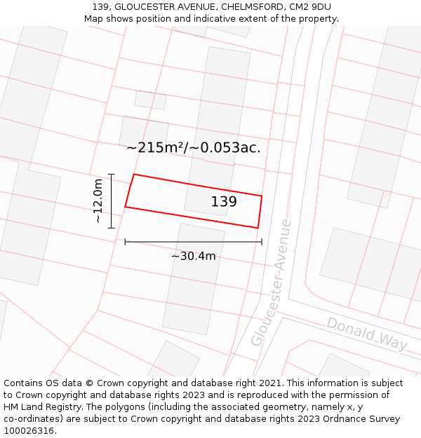 139, GLOUCESTER AVENUE, CHELMSFORD, CM2 9DU: Plot and title map