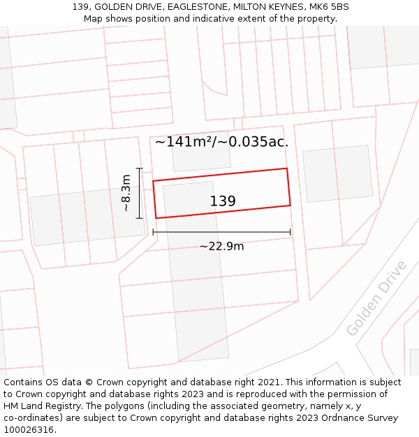 139, GOLDEN DRIVE, EAGLESTONE, MILTON KEYNES, MK6 5BS: Plot and title map