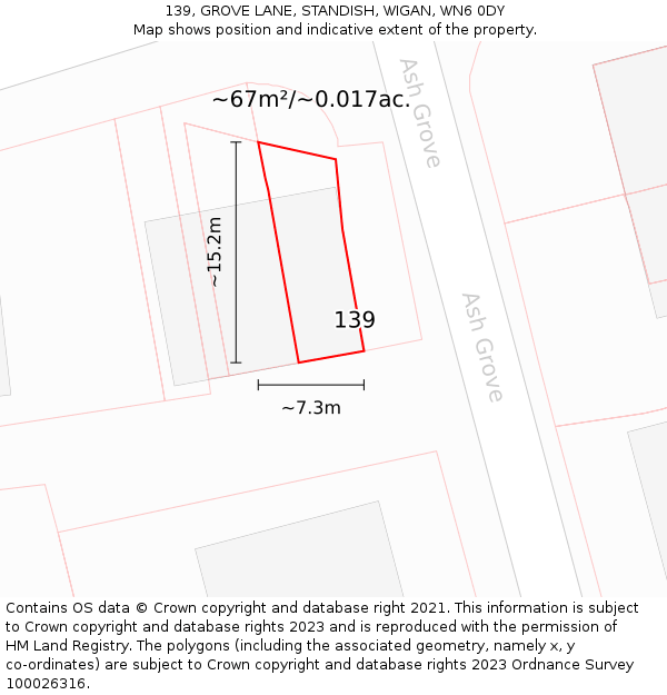 139, GROVE LANE, STANDISH, WIGAN, WN6 0DY: Plot and title map