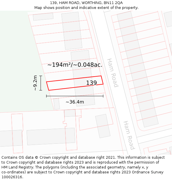 139, HAM ROAD, WORTHING, BN11 2QA: Plot and title map