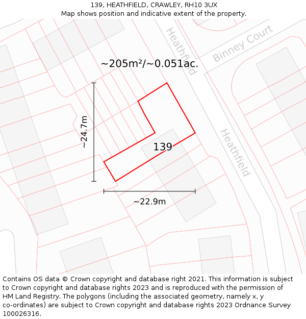 139, HEATHFIELD, CRAWLEY, RH10 3UX: Plot and title map