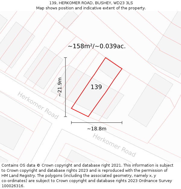139, HERKOMER ROAD, BUSHEY, WD23 3LS: Plot and title map