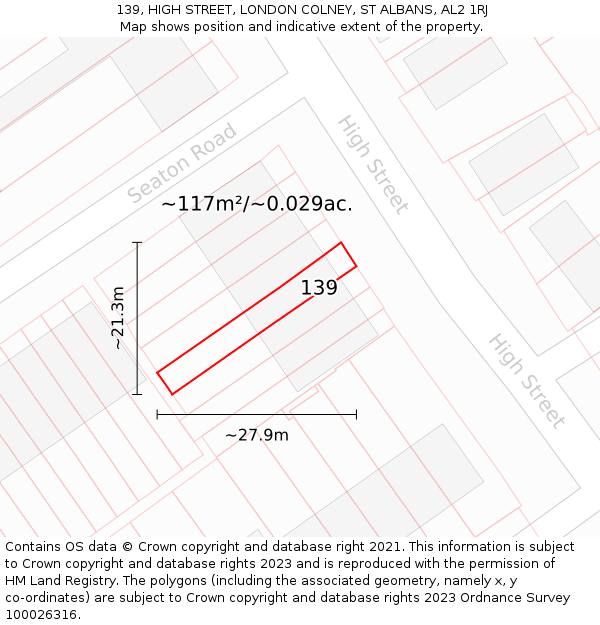 139, HIGH STREET, LONDON COLNEY, ST ALBANS, AL2 1RJ: Plot and title map