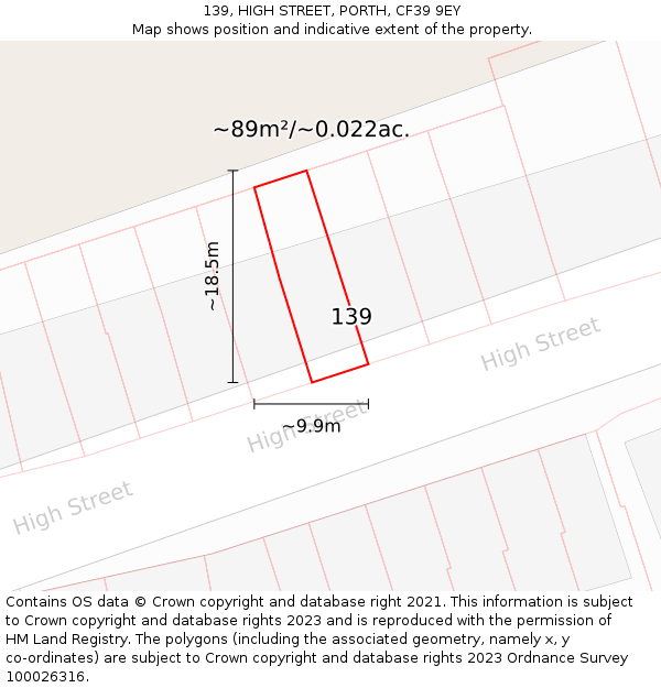 139, HIGH STREET, PORTH, CF39 9EY: Plot and title map