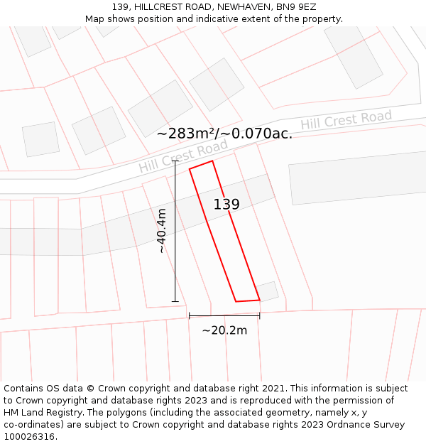 139, HILLCREST ROAD, NEWHAVEN, BN9 9EZ: Plot and title map
