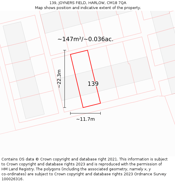 139, JOYNERS FIELD, HARLOW, CM18 7QA: Plot and title map