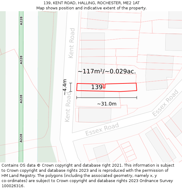 139, KENT ROAD, HALLING, ROCHESTER, ME2 1AT: Plot and title map