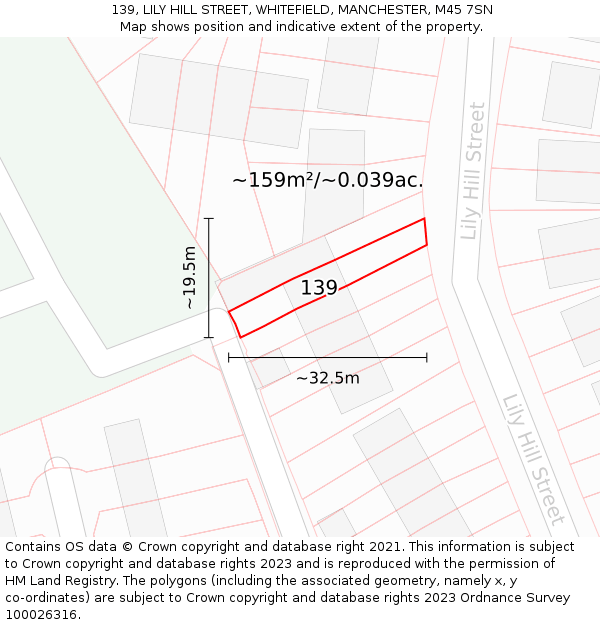 139, LILY HILL STREET, WHITEFIELD, MANCHESTER, M45 7SN: Plot and title map