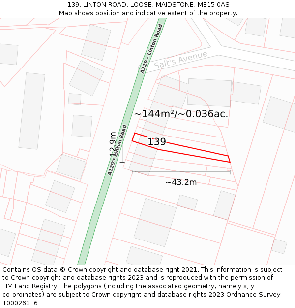 139, LINTON ROAD, LOOSE, MAIDSTONE, ME15 0AS: Plot and title map