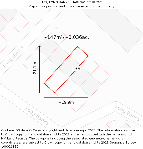 139, LONG BANKS, HARLOW, CM18 7NY: Plot and title map
