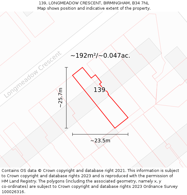 139, LONGMEADOW CRESCENT, BIRMINGHAM, B34 7NL: Plot and title map