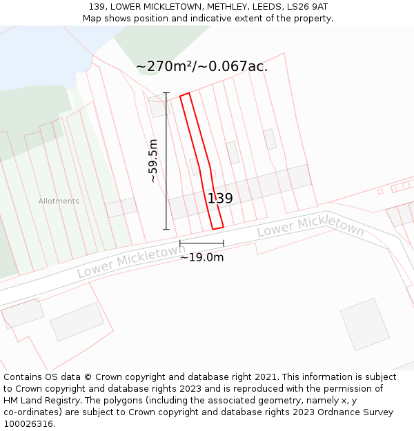 139, LOWER MICKLETOWN, METHLEY, LEEDS, LS26 9AT: Plot and title map