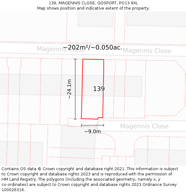 139, MAGENNIS CLOSE, GOSPORT, PO13 9XL: Plot and title map