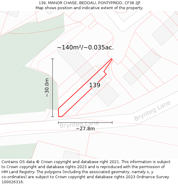 139, MANOR CHASE, BEDDAU, PONTYPRIDD, CF38 2JF: Plot and title map