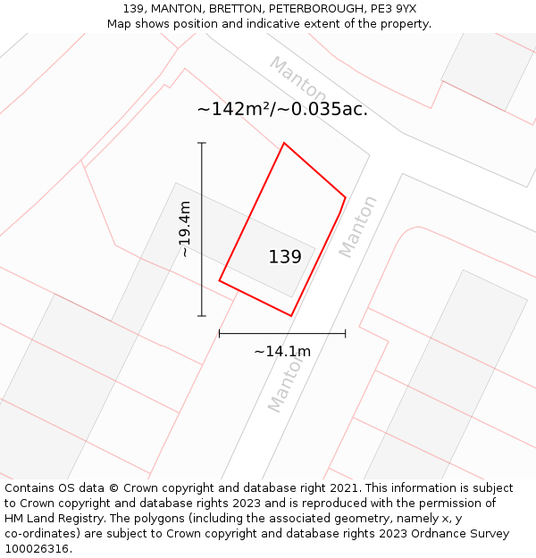 139, MANTON, BRETTON, PETERBOROUGH, PE3 9YX: Plot and title map