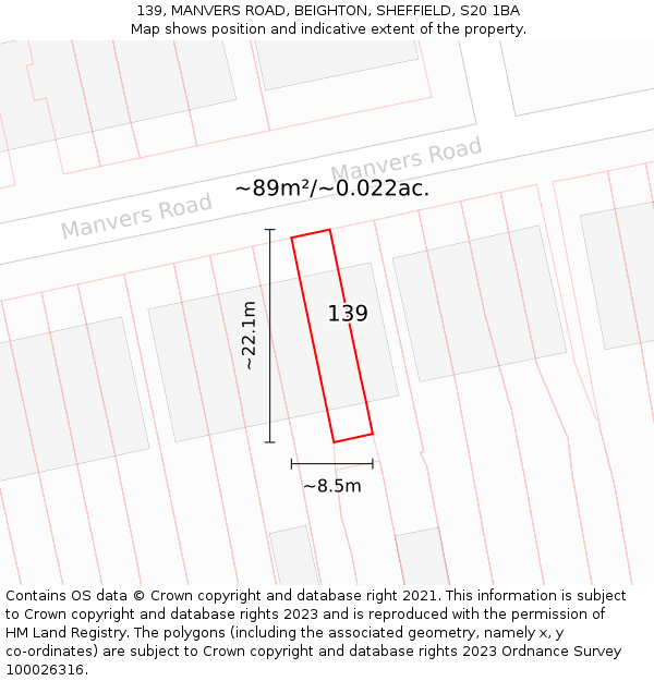 139, MANVERS ROAD, BEIGHTON, SHEFFIELD, S20 1BA: Plot and title map