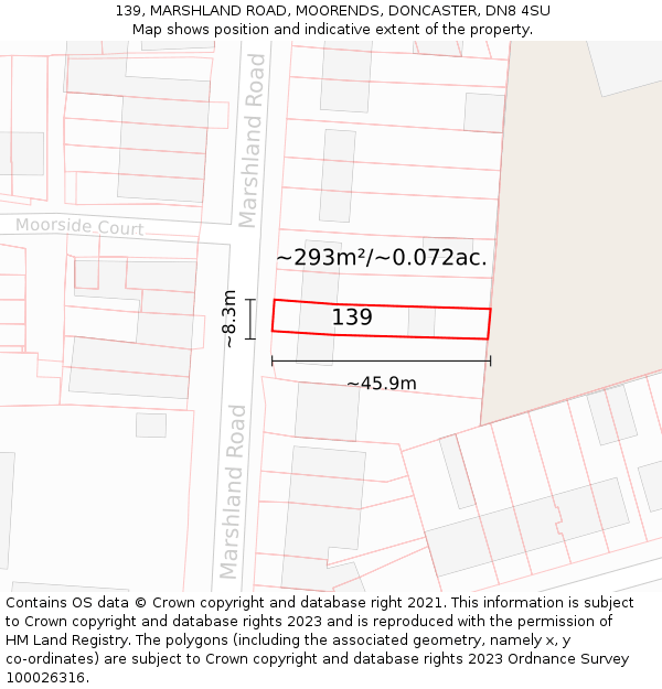 139, MARSHLAND ROAD, MOORENDS, DONCASTER, DN8 4SU: Plot and title map