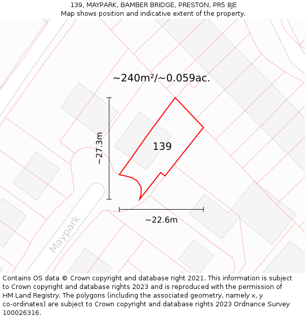 139, MAYPARK, BAMBER BRIDGE, PRESTON, PR5 8JE: Plot and title map