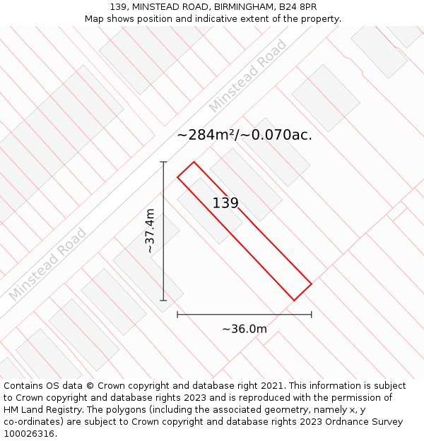 139, MINSTEAD ROAD, BIRMINGHAM, B24 8PR: Plot and title map