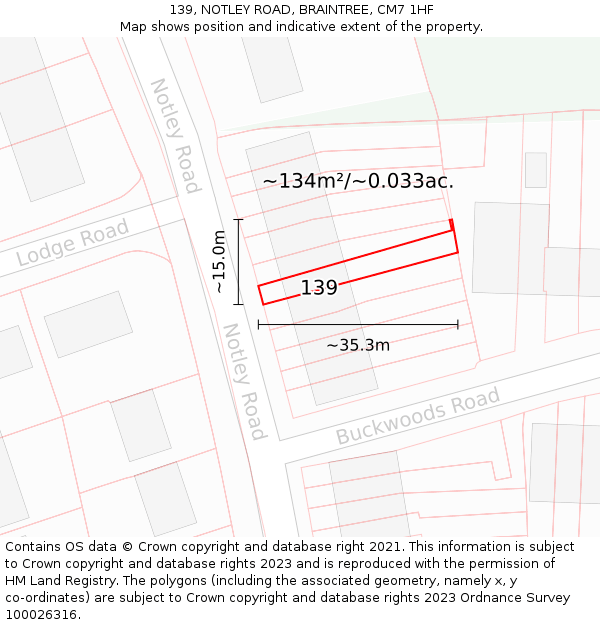 139, NOTLEY ROAD, BRAINTREE, CM7 1HF: Plot and title map