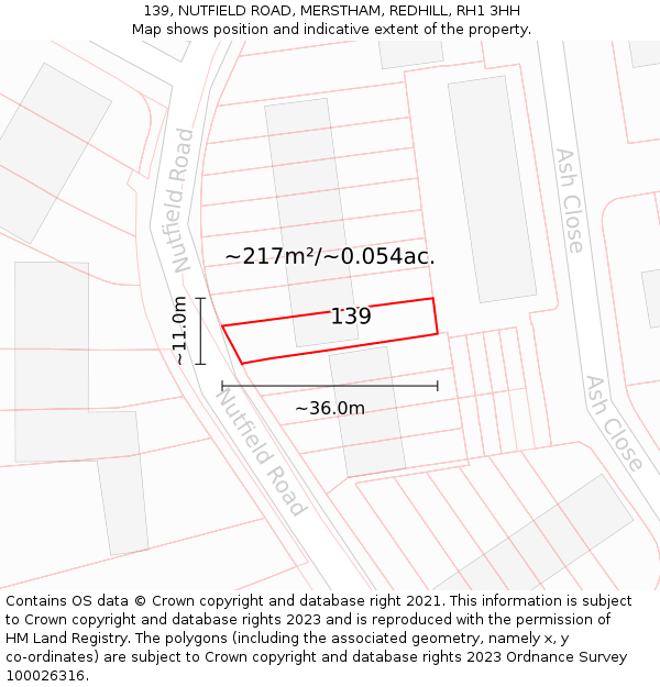 139, NUTFIELD ROAD, MERSTHAM, REDHILL, RH1 3HH: Plot and title map