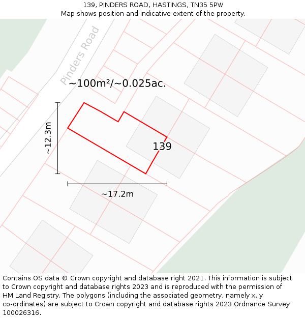 139, PINDERS ROAD, HASTINGS, TN35 5PW: Plot and title map