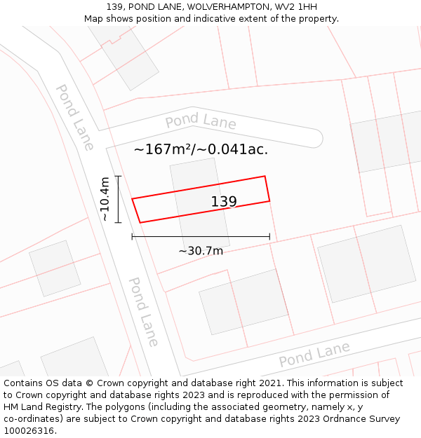 139, POND LANE, WOLVERHAMPTON, WV2 1HH: Plot and title map