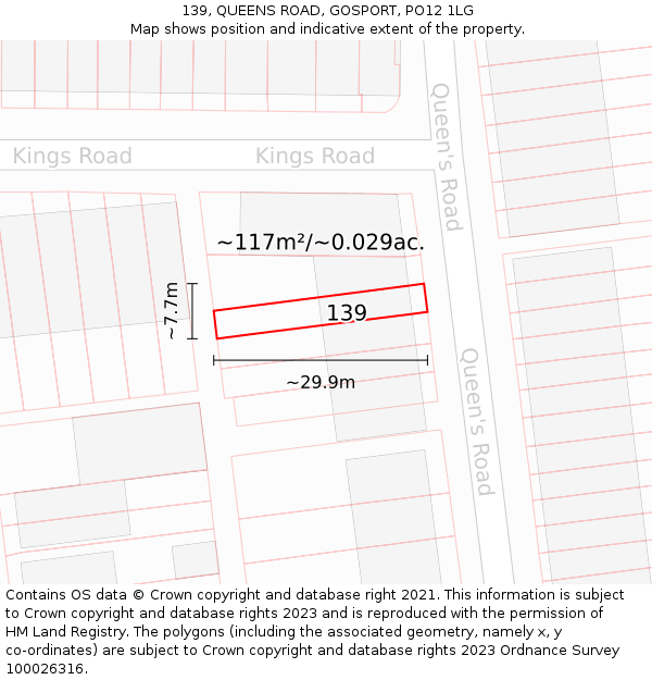 139, QUEENS ROAD, GOSPORT, PO12 1LG: Plot and title map