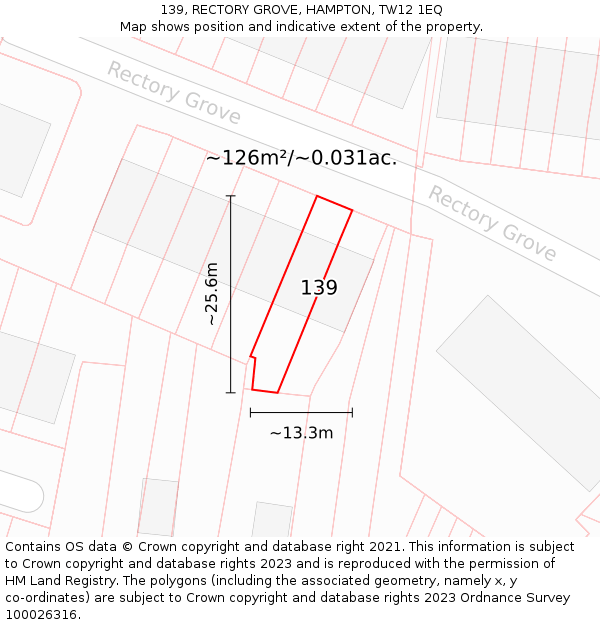139, RECTORY GROVE, HAMPTON, TW12 1EQ: Plot and title map