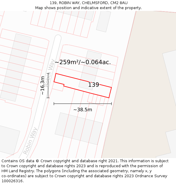 139, ROBIN WAY, CHELMSFORD, CM2 8AU: Plot and title map