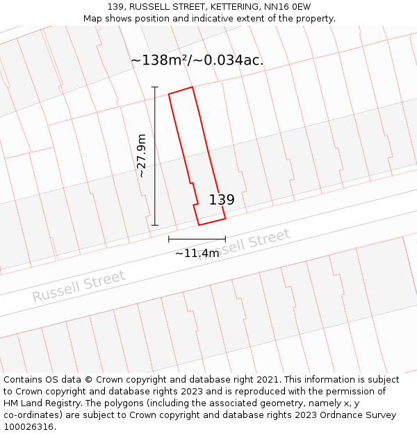 139, RUSSELL STREET, KETTERING, NN16 0EW: Plot and title map
