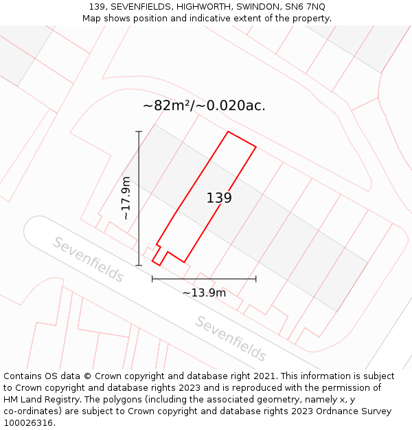 139, SEVENFIELDS, HIGHWORTH, SWINDON, SN6 7NQ: Plot and title map