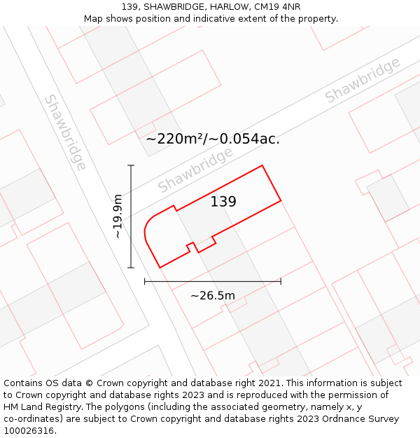 139, SHAWBRIDGE, HARLOW, CM19 4NR: Plot and title map