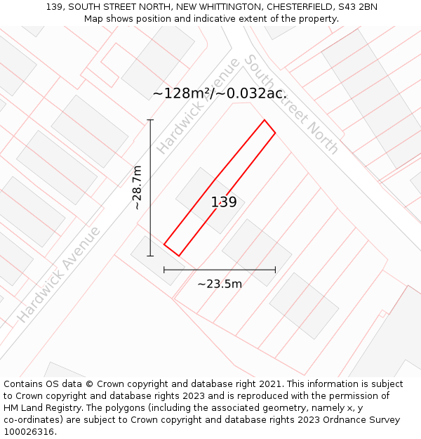 139, SOUTH STREET NORTH, NEW WHITTINGTON, CHESTERFIELD, S43 2BN: Plot and title map