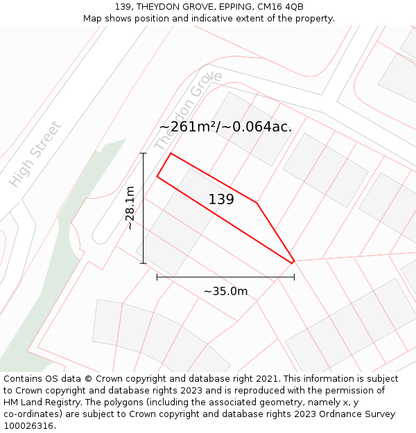 139, THEYDON GROVE, EPPING, CM16 4QB: Plot and title map