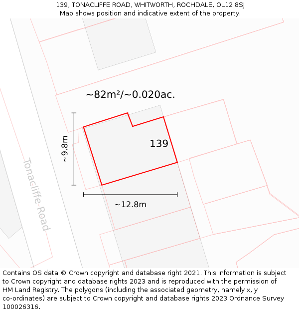 139, TONACLIFFE ROAD, WHITWORTH, ROCHDALE, OL12 8SJ: Plot and title map