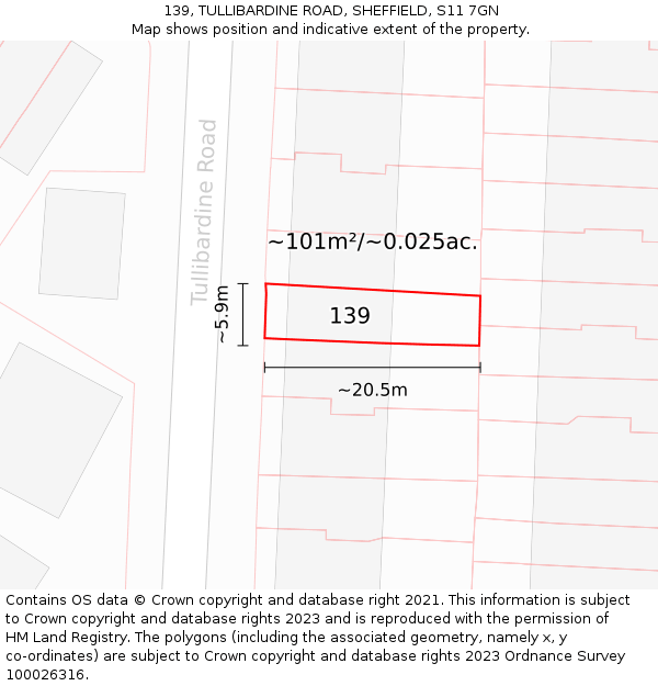 139, TULLIBARDINE ROAD, SHEFFIELD, S11 7GN: Plot and title map