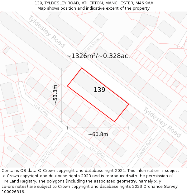 139, TYLDESLEY ROAD, ATHERTON, MANCHESTER, M46 9AA: Plot and title map