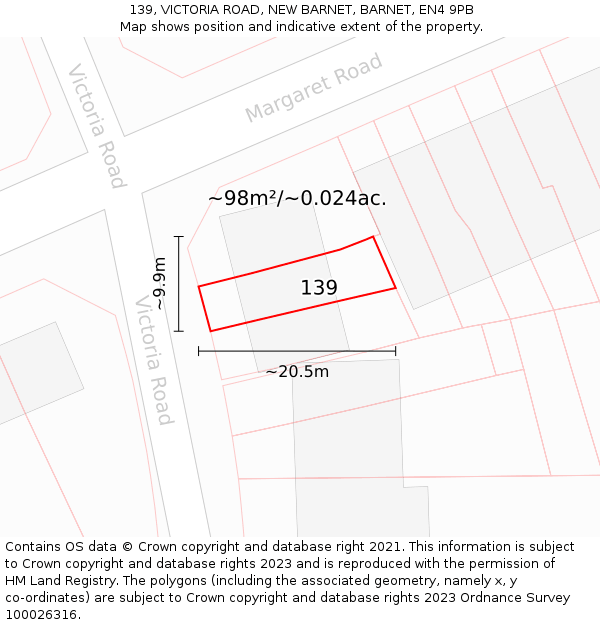 139, VICTORIA ROAD, NEW BARNET, BARNET, EN4 9PB: Plot and title map