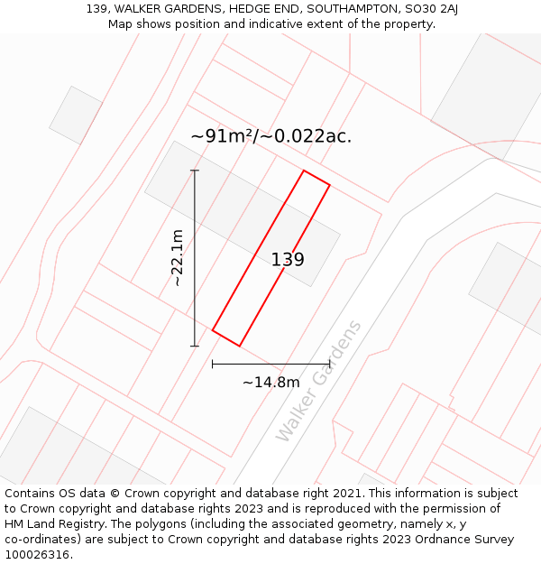 139, WALKER GARDENS, HEDGE END, SOUTHAMPTON, SO30 2AJ: Plot and title map