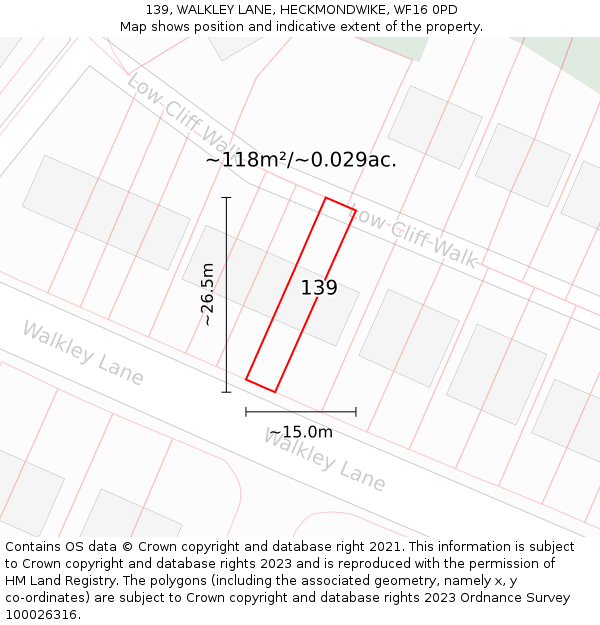 139, WALKLEY LANE, HECKMONDWIKE, WF16 0PD: Plot and title map