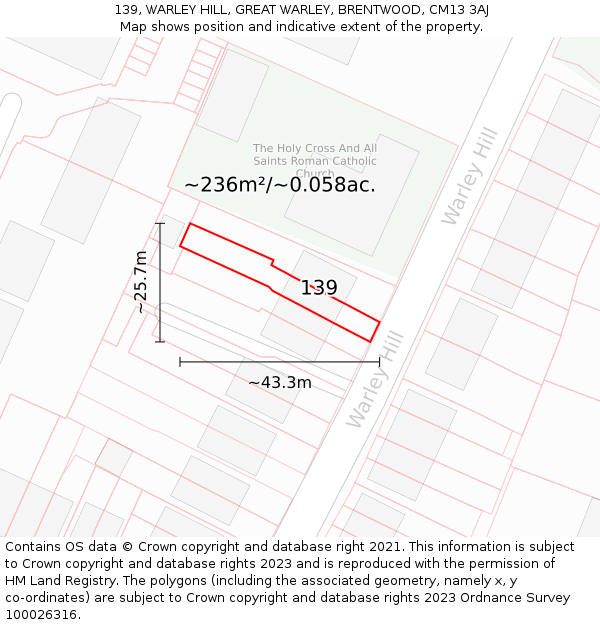139, WARLEY HILL, GREAT WARLEY, BRENTWOOD, CM13 3AJ: Plot and title map