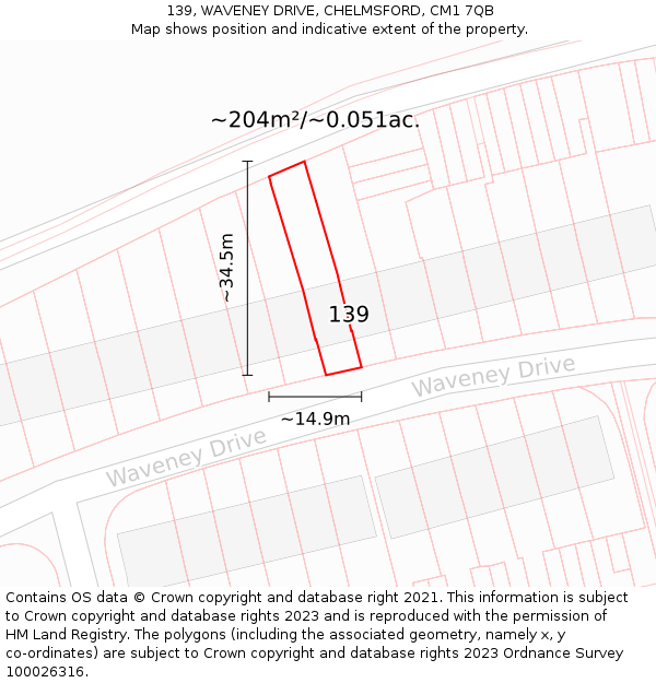 139, WAVENEY DRIVE, CHELMSFORD, CM1 7QB: Plot and title map