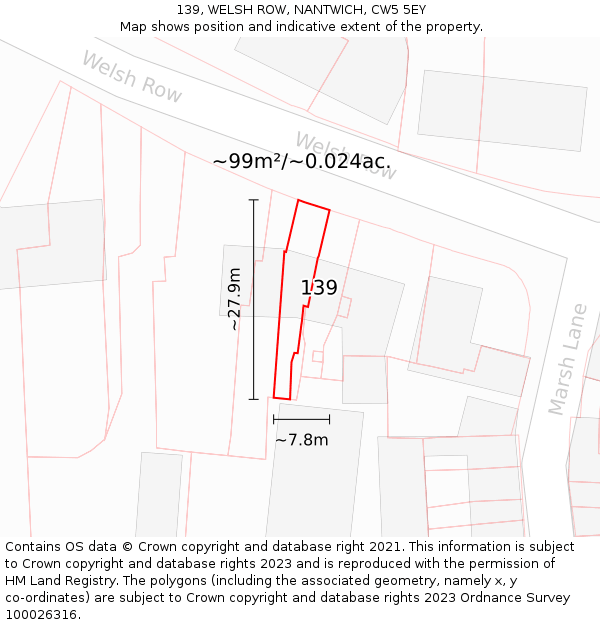 139, WELSH ROW, NANTWICH, CW5 5EY: Plot and title map