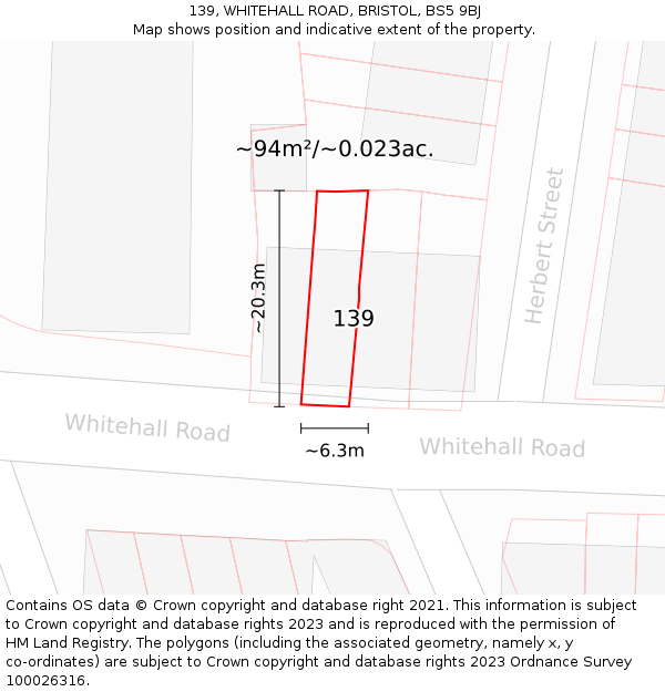 139, WHITEHALL ROAD, BRISTOL, BS5 9BJ: Plot and title map