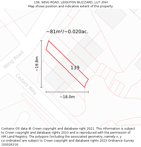 139, WING ROAD, LEIGHTON BUZZARD, LU7 2NH: Plot and title map