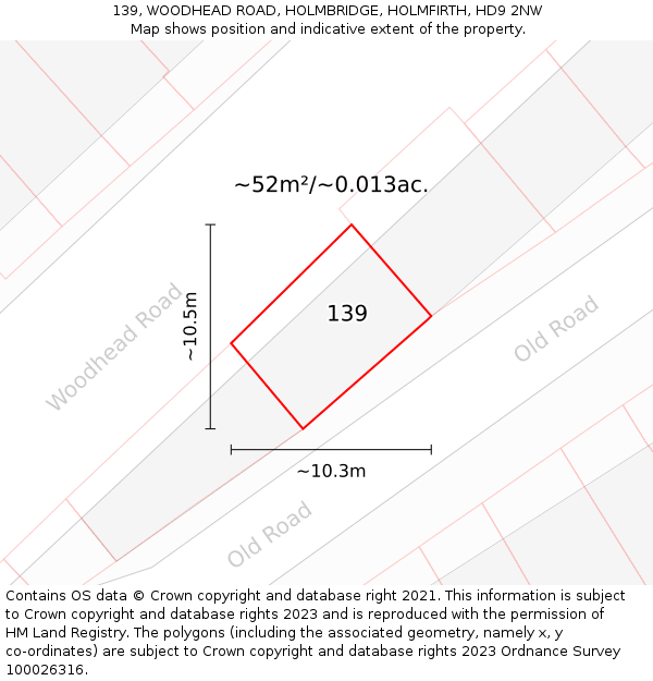 139, WOODHEAD ROAD, HOLMBRIDGE, HOLMFIRTH, HD9 2NW: Plot and title map