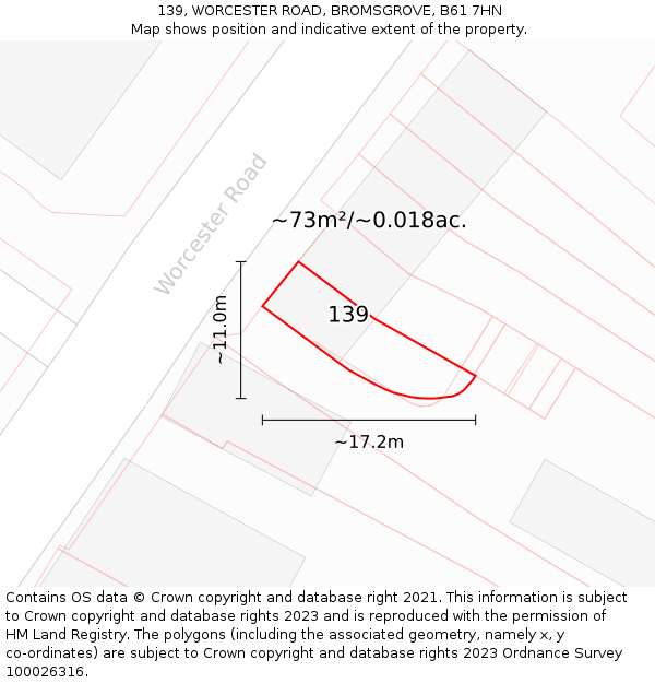 139, WORCESTER ROAD, BROMSGROVE, B61 7HN: Plot and title map